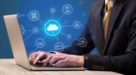 Hand typing with cloud technology system concept