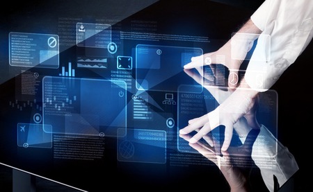 Man pressing technology smart table interface