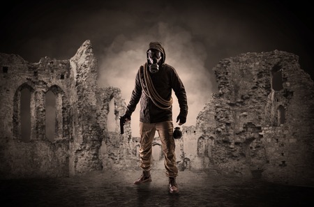 Ruined wallpaper with hazard manの写真素材