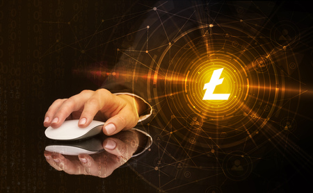Hand using mouse with cryptocurrency conceptの写真素材