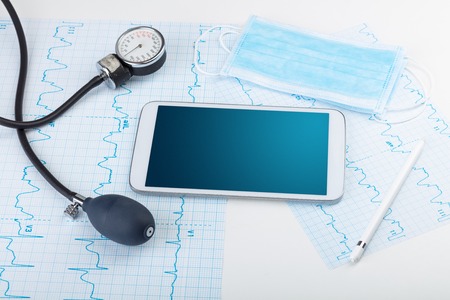 Medicine and modern technology concept with copyspace on tabletの写真素材