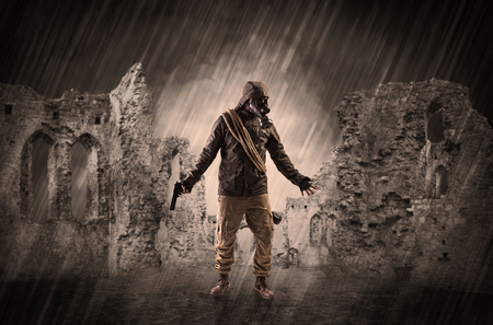 Ruined wallpaper with hazard manの写真素材