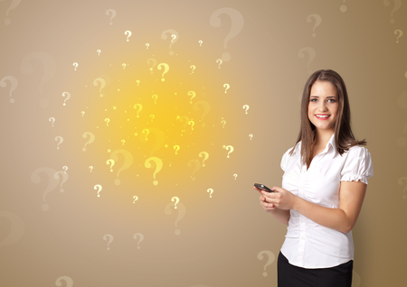 Person presenting something with question sign conceptの写真素材