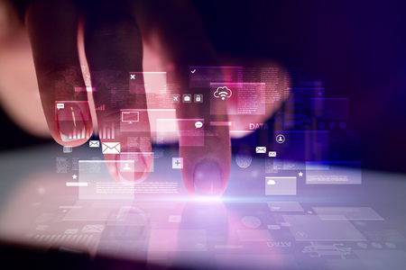 Finger touching tablet with global database concept