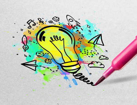 Pencil drawing colorful bulb on paperの写真素材
