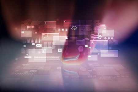 Finger touching tablet with global database concept