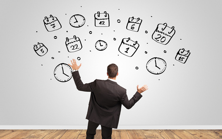 Manager looking to wall with overloaded brain conceptの写真素材