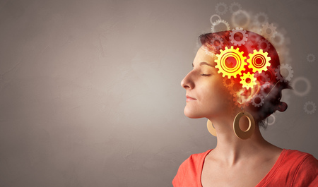 Portrait with gears and brainstorming conceptの写真素材