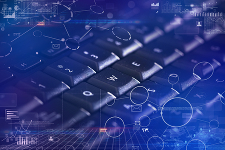 Close-up dark keyboard with link and communication conceptの写真素材