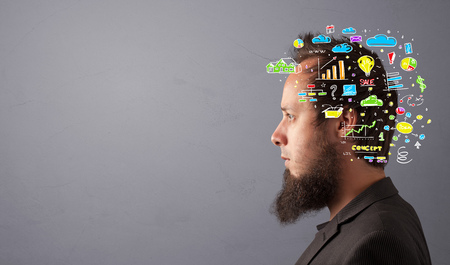 Head with office operation concept, colorful graphs, charts and iconsの写真素材