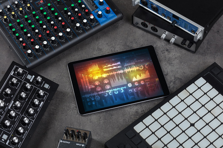 Electronic music instruments, microphone, piano, consoles and tablet with reports concept