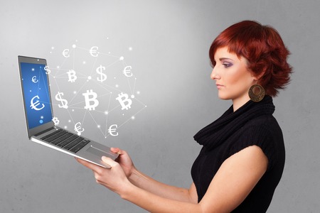 Man holding laptop with business communication conceptの写真素材