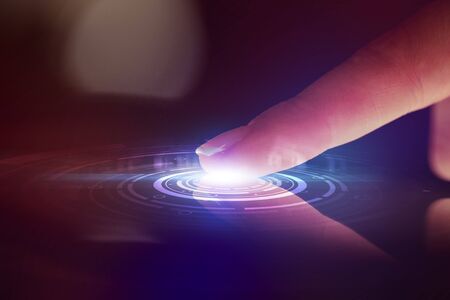 Finger touching tablet with identification concept and dark background