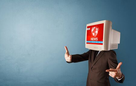 Young person with monitor head, breaking news conceptの写真素材