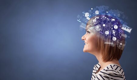 Head full of reports and global management, graphs and charts conceptの写真素材
