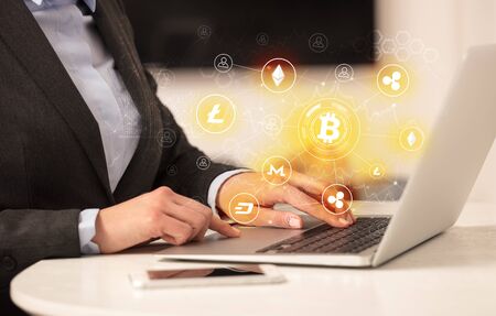 Business woman working on tablet with cryptocurrency bitcoin link network and online concept