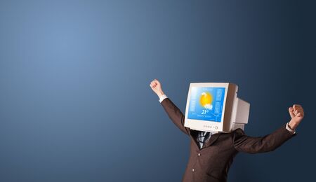Young person with monitor head, weather forecast concept