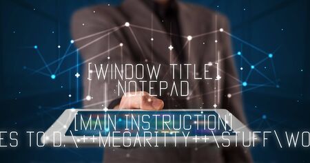 Young business person working on tablet and shows the digital sign: Window Title Notepad Main...