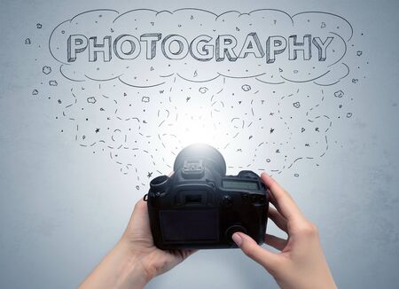 Naked hand photo shooting with message cloud concept and doodlesの写真素材