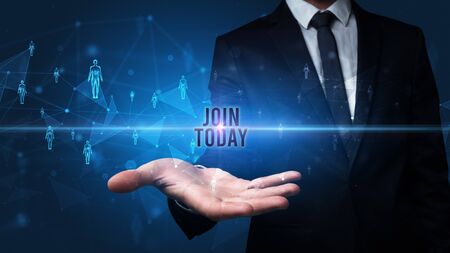 Elegant hand holding JOIN TODAY inscription, social networking conceptの写真素材
