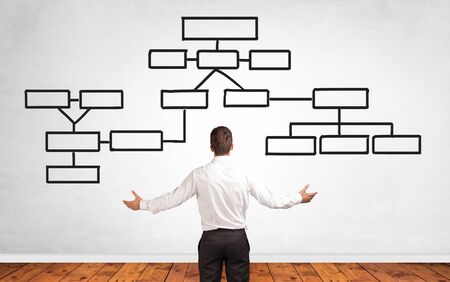 A salesman in doubt looking for solution on a white wall with organizational chartの写真素材
