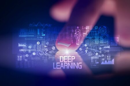 Finger touching tablet with web technology icons and DEEP LEARNING inscriptionの写真素材