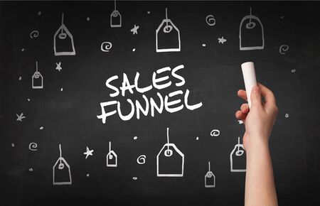 Hand drawing SALES FUNNEL inscription with white chalk on blackboard, online shopping conceptの写真素材
