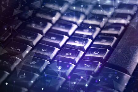 Close-up dark keyboard with networking concept