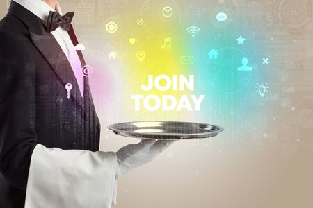 Waiter serving social networking with JOIN TODAY inscription, new media conceptの写真素材