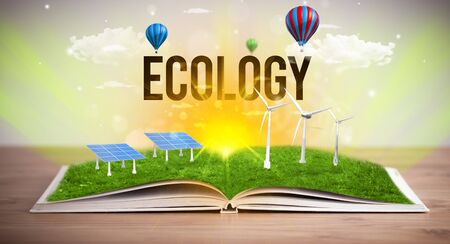 Open book with ECOLOGY  inscription, renewable energy conceptの写真素材