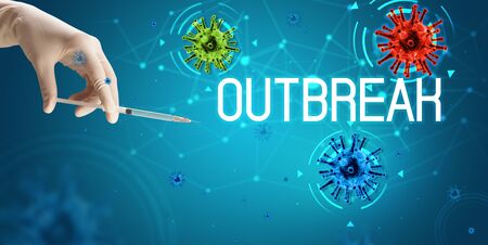 Syringe, medical injection in hand with OUTBREAK inscription, coronavirus vaccine concept