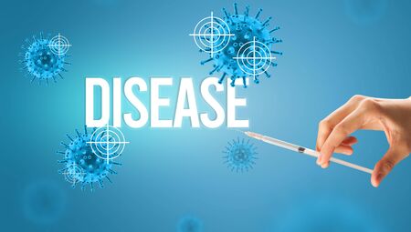 Close-up view of doctors hand in a white glove holding syringe with DISEASE inscription, coronavirus antidote conceptの写真素材