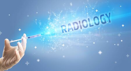 Syringe, medical injection in hand with RADIOLOGY inscription, medical antidote concept