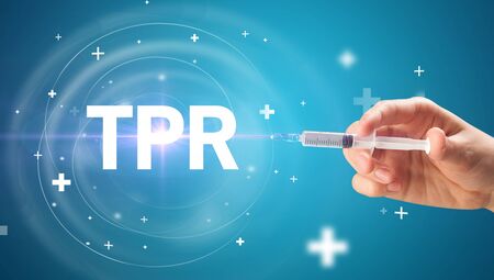 Syringe needle with virus vaccine and TPR abbreviation, antidote conceptの写真素材
