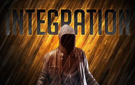 Mysterious man with INTEGRATION inscription, online security conceptの写真素材