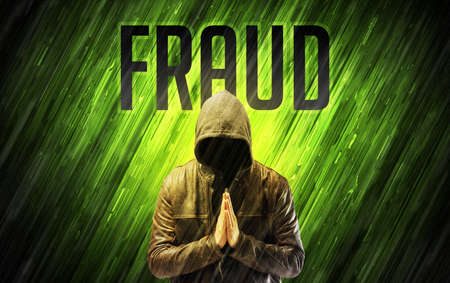 Mysterious man with FRAUD inscription, online security conceptの写真素材