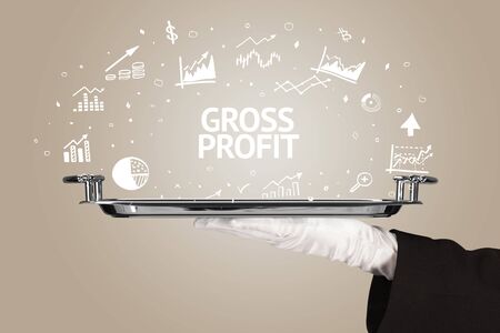 Waiter serving business idea concept with GROSS PROFIT inscriptionの写真素材