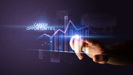 Hand touching CAREER OPPORTUNITIES button, business conceptの写真素材