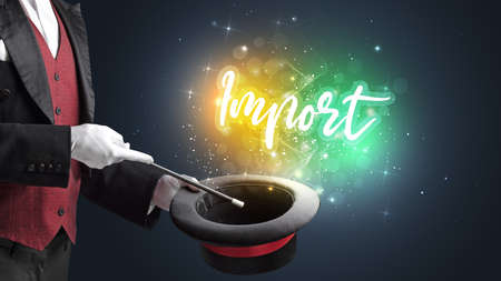 Magician hand conjure with wand and Import  inscription, shopping concept