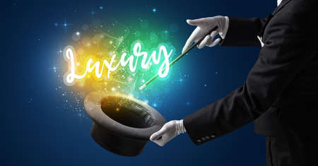Magician hand conjure with wand and Luxury  inscription, shopping concept