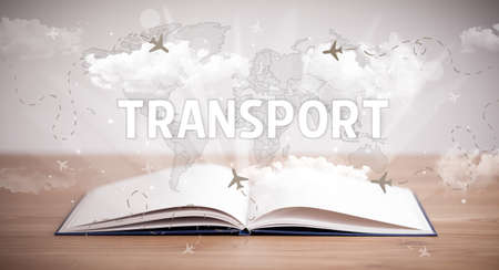 Open book with TRANSPORT inscription, vacation conceptの写真素材