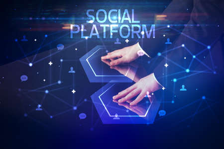 Navigating social networking with SOCIAL PLATFORM inscription, new media conceptの写真素材