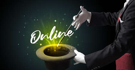 Magician is showing magic trick with Online inscription, traveling concept
