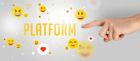 Close-Up of cropped hand pointing at PLATFORM inscription, social media concept