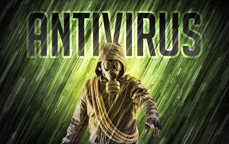 Mysterious man with ANTIVIRUS inscription, online security concept