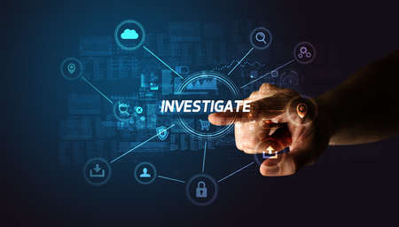 Hand touching INVESTIGATE inscription, Cybersecurity concept