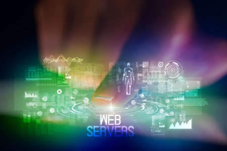 Finger touching tablet with web technology icons and WEB SERVERS inscription