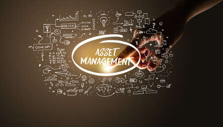 Hand touching ASSET MANAGEMENT inscription, hand drawn icons around, business plan conceptの写真素材