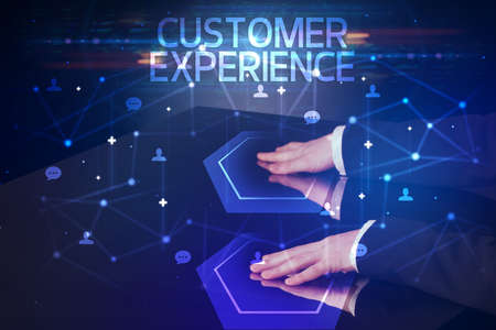 Navigating social networking with CUSTOMER EXPERIENCE inscription, new media conceptの写真素材