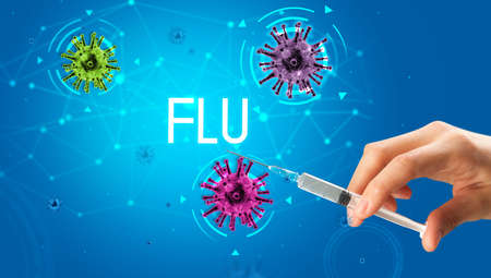 Syringe, medical injection in hand with FLU inscription, coronavirus vaccine concept